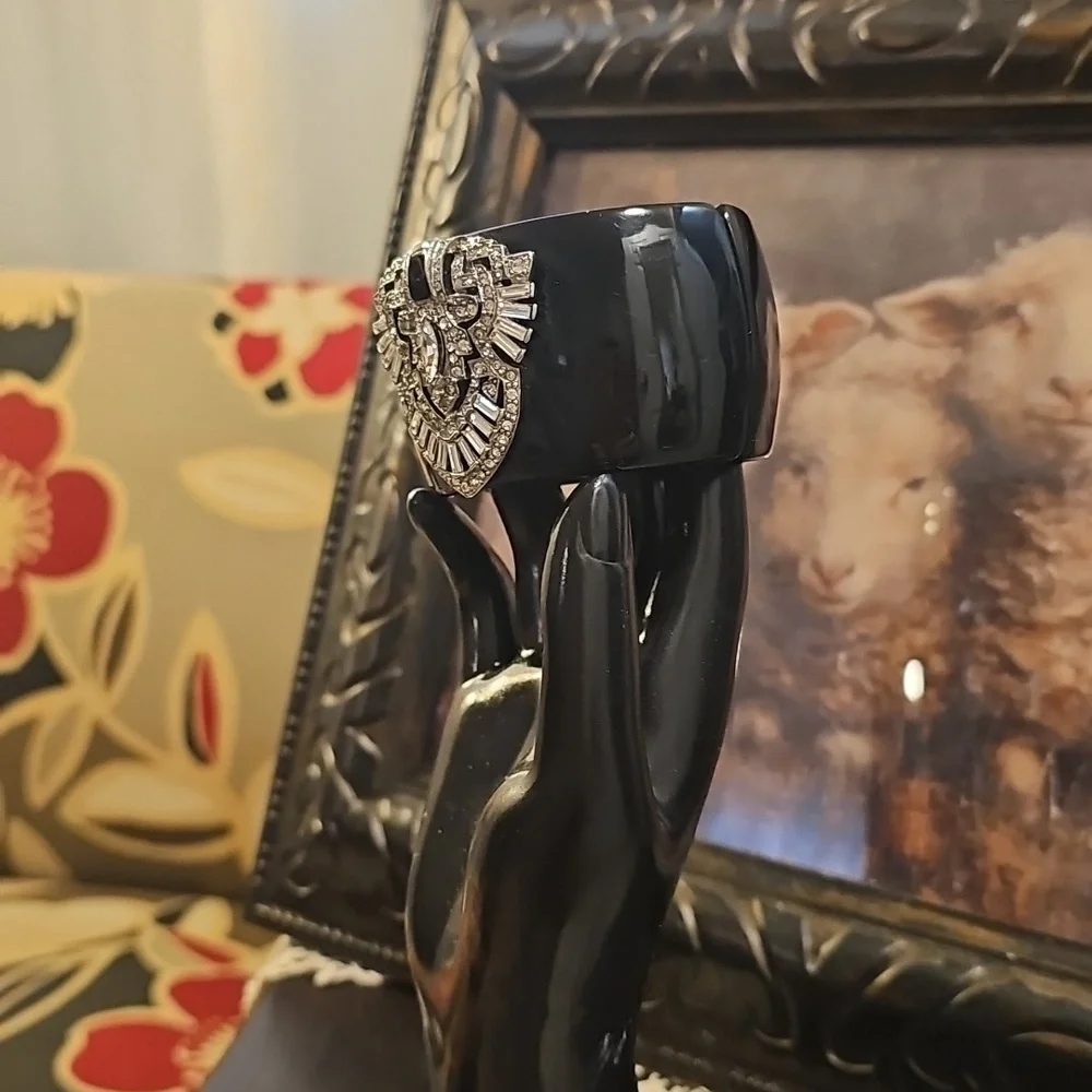 Kenneth Jay Lane Art Deco-Style Wide Cuff Braclet, Enamel & Rhinestone Medallion - Picture 5 of 15